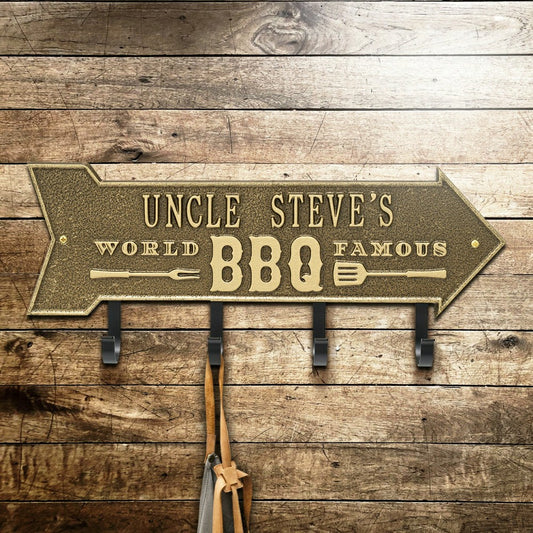World Famous BBQ Arrow Hook Plaque, Antique Brass | Plow & Hearth
