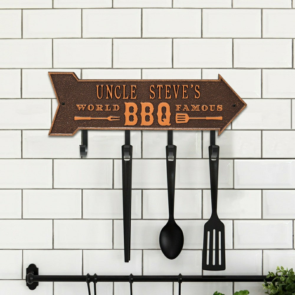 World Famous BBQ Arrow Hook Plaque, Antique Brass | Plow & Hearth
