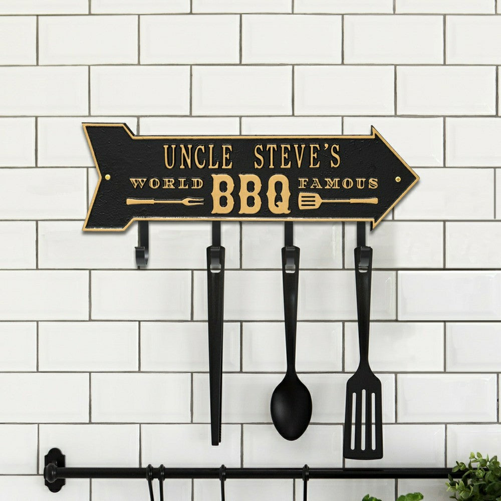 World Famous BBQ Arrow Hook Plaque, Antique Brass | Plow & Hearth