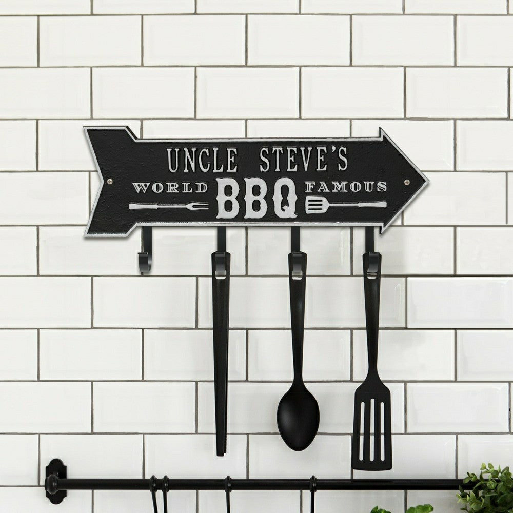 World Famous BBQ Arrow Hook Plaque, Antique Brass | Plow & Hearth