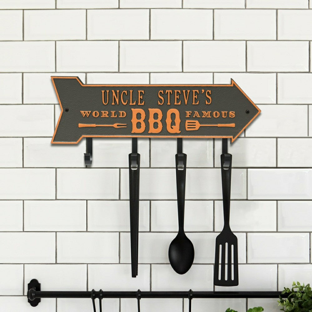 World Famous BBQ Arrow Hook Plaque, Antique Brass | Plow & Hearth