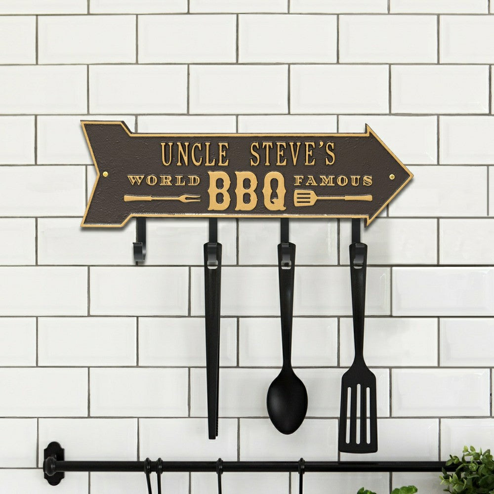 World Famous BBQ Arrow Hook Plaque, Antique Brass | Plow & Hearth