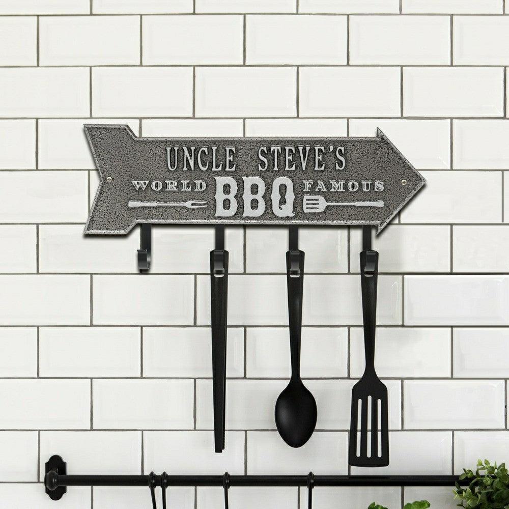 World Famous BBQ Arrow Hook Plaque, Antique Brass | Plow & Hearth