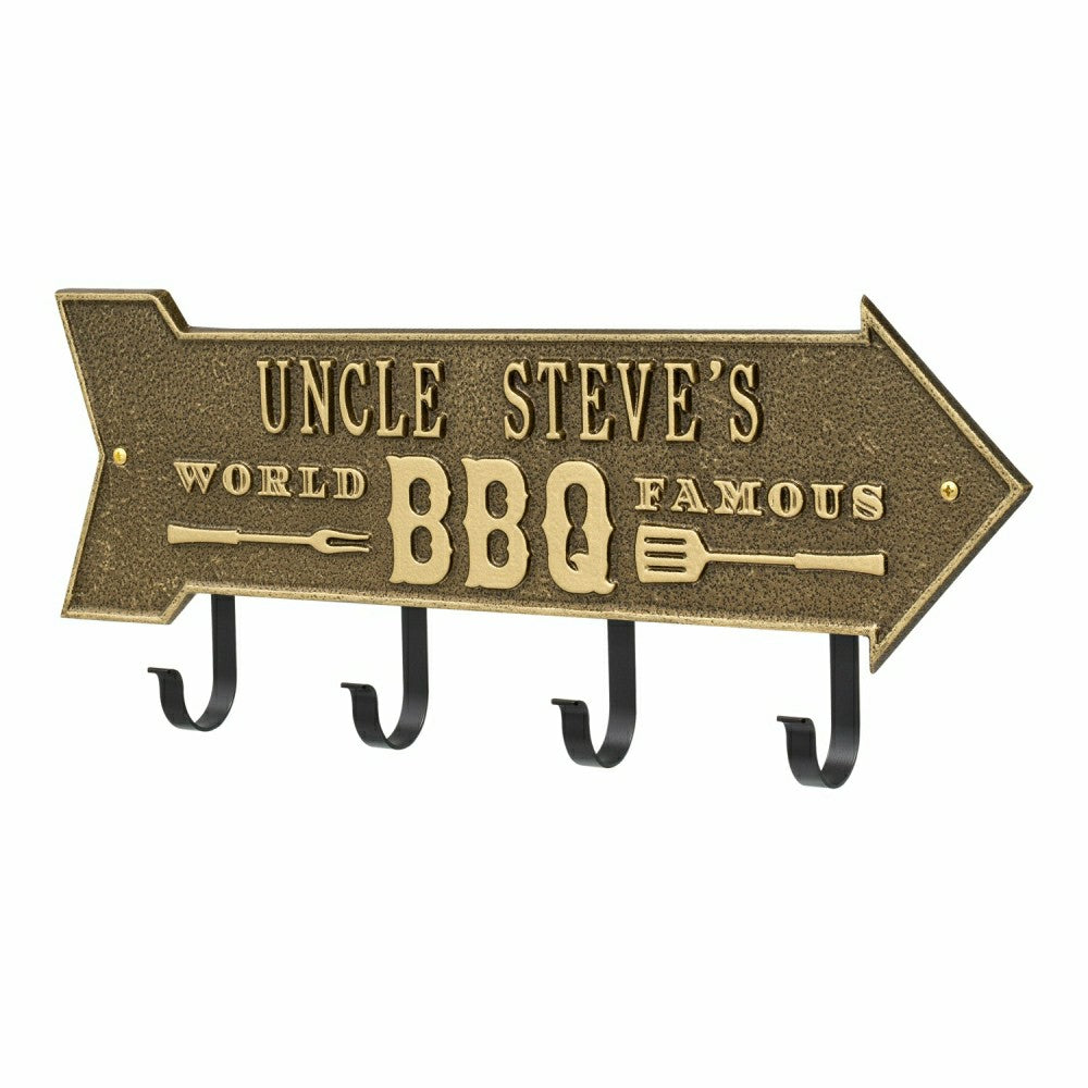 World Famous BBQ Arrow Hook Plaque, Antique Brass | Plow & Hearth
