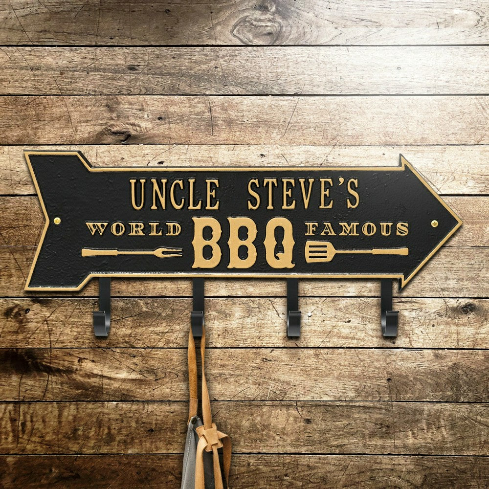 World Famous BBQ Arrow Hook Plaque, Antique Brass | Plow & Hearth