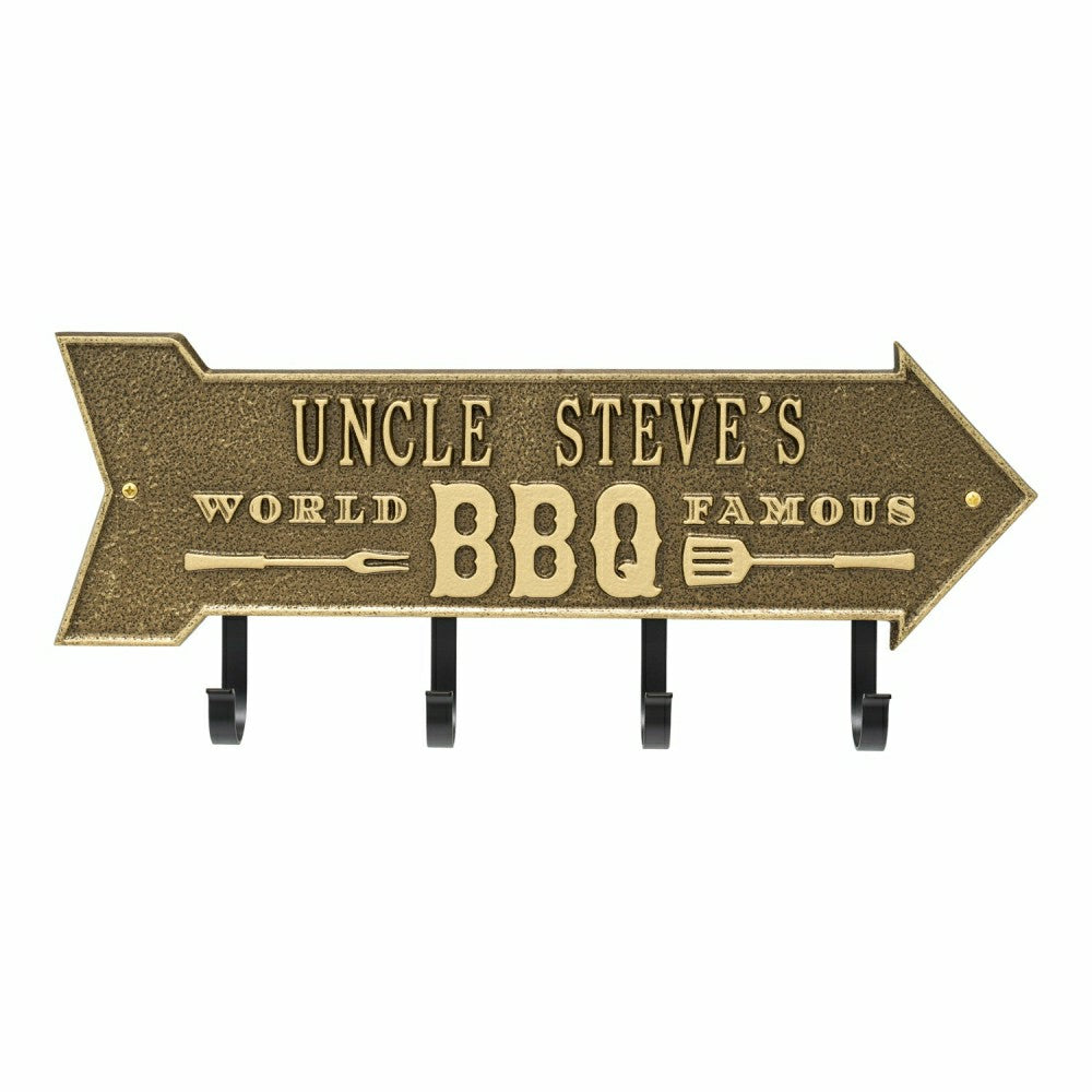 World Famous BBQ Arrow Hook Plaque, Antique Brass | Plow & Hearth