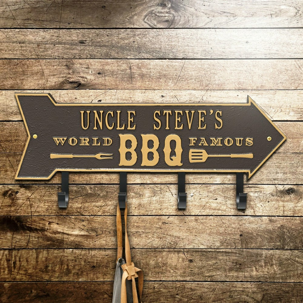 World Famous BBQ Arrow Hook Plaque, Antique Brass | Plow & Hearth