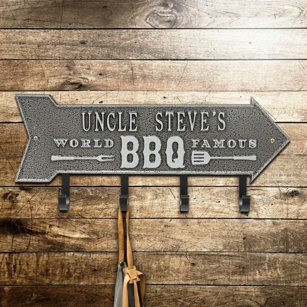 World Famous BBQ Arrow Hook Plaque, Antique Brass | Plow & Hearth