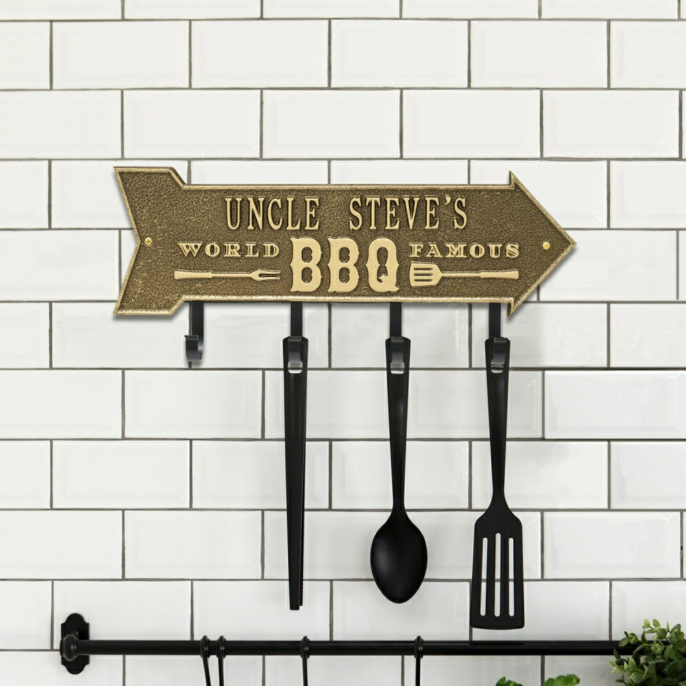 World Famous BBQ Arrow Hook Plaque, Antique Brass | Plow & Hearth