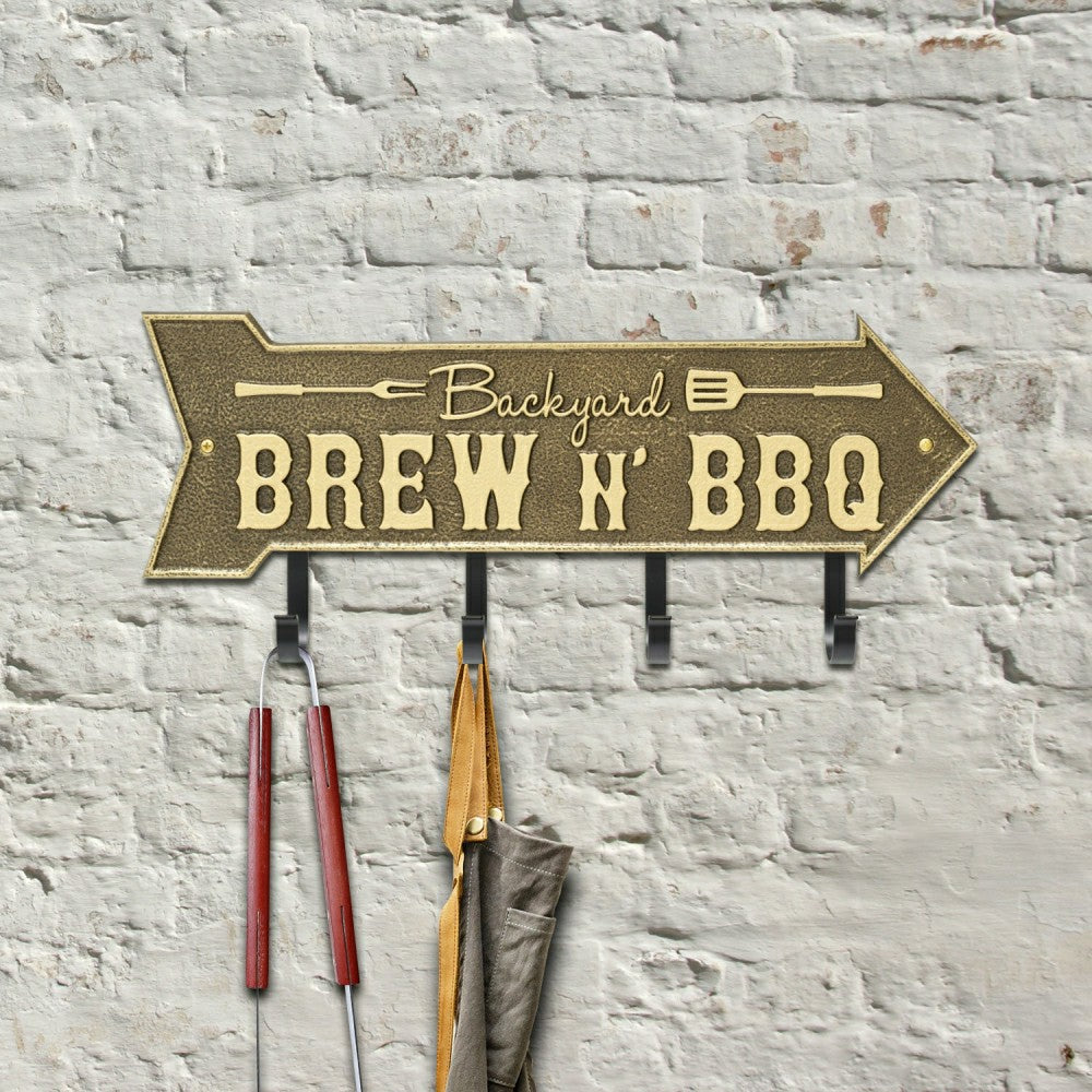 Backyard Brew N' BBQ Arrow Hook Plaque, Antique Brass | Plow & Hearth