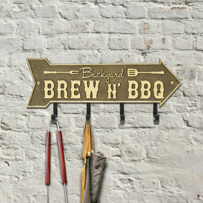 Backyard Brew N' BBQ Arrow Hook Plaque, Antique Brass | Plow & Hearth