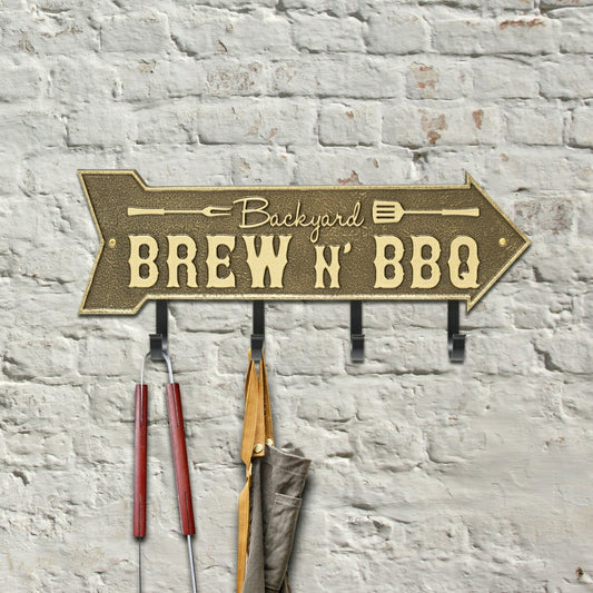 Backyard Brew N' BBQ Arrow Hook Plaque, Antique Brass | Plow & Hearth