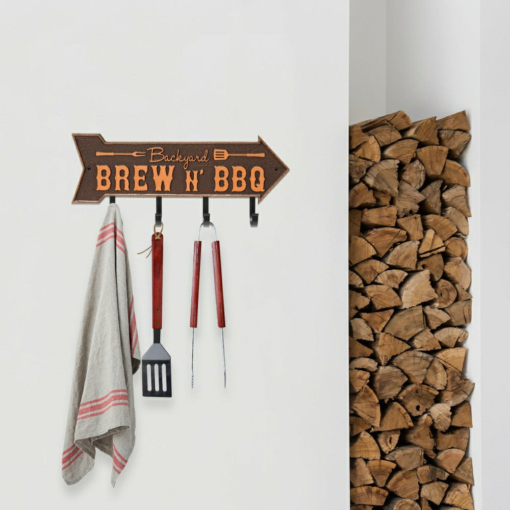 Backyard Brew N' BBQ Arrow Hook Plaque, Antique Brass | Plow & Hearth
