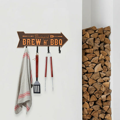 Backyard Brew N' BBQ Arrow Hook Plaque, Antique Brass | Plow & Hearth
