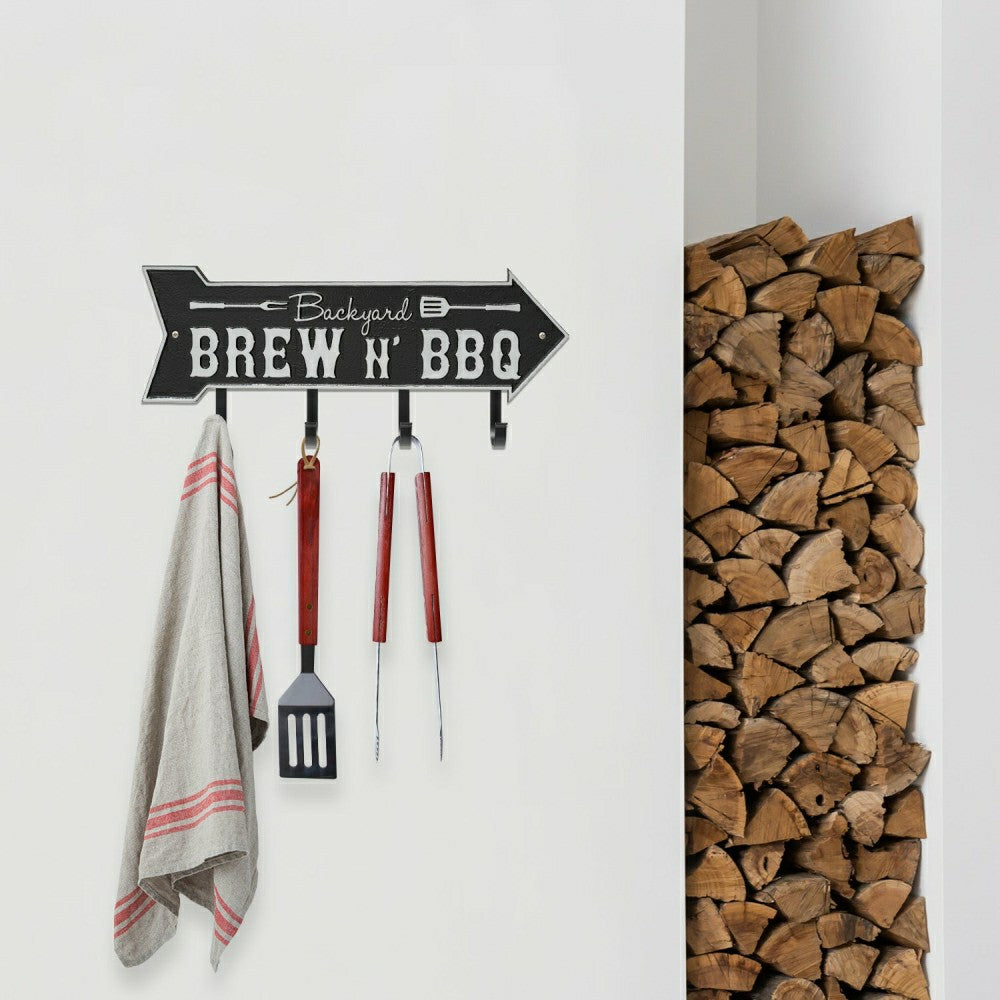 Backyard Brew N' BBQ Arrow Hook Plaque, Antique Brass | Plow & Hearth