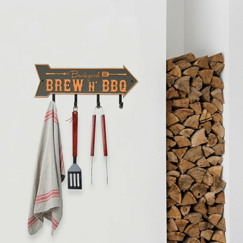 Backyard Brew N' BBQ Arrow Hook Plaque, Antique Brass | Plow & Hearth