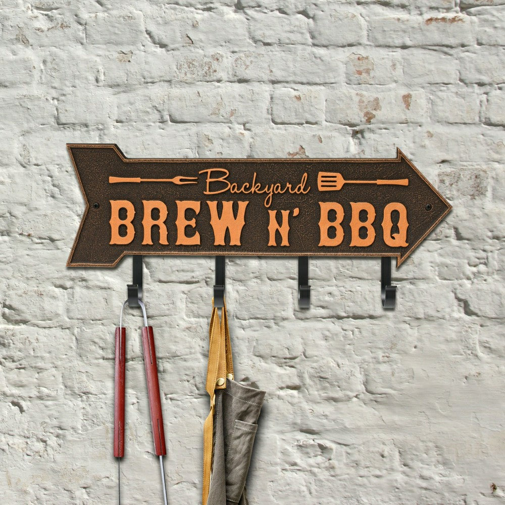 Backyard Brew N' BBQ Arrow Hook Plaque, Antique Brass | Plow & Hearth