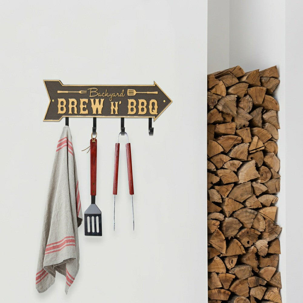 Backyard Brew N' BBQ Arrow Hook Plaque, Antique Brass | Plow & Hearth