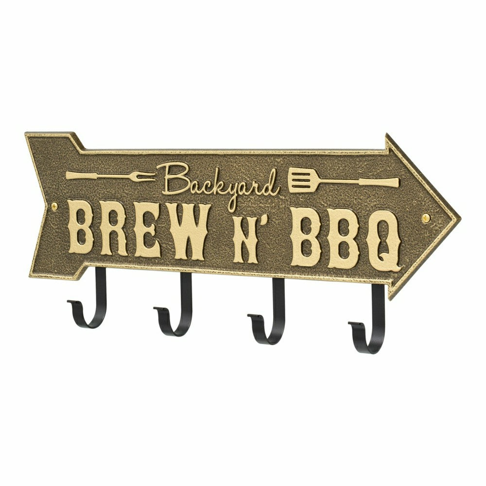 Backyard Brew N' BBQ Arrow Hook Plaque, Antique Brass | Plow & Hearth