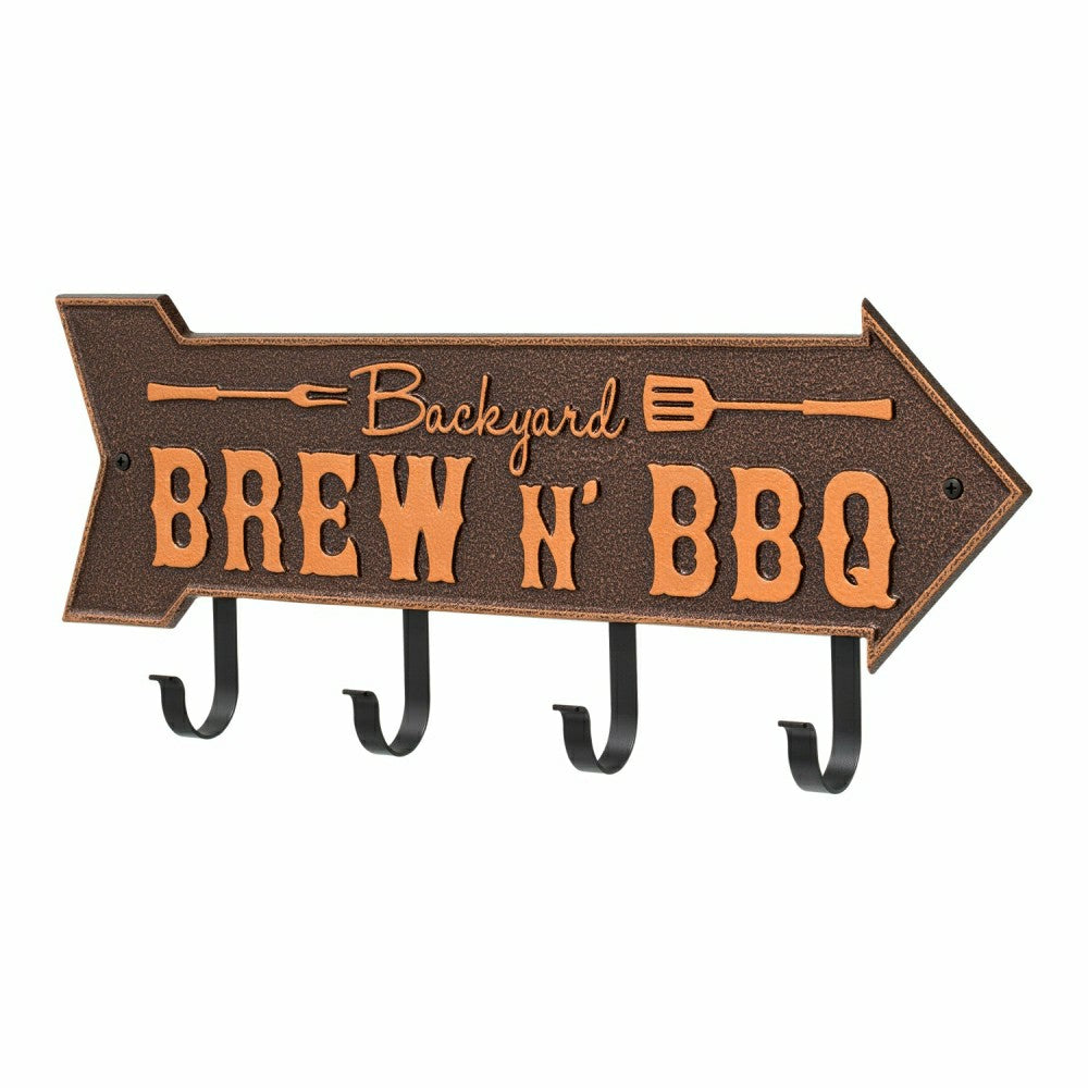 Backyard Brew N' BBQ Arrow Hook Plaque, Antique Brass | Plow & Hearth