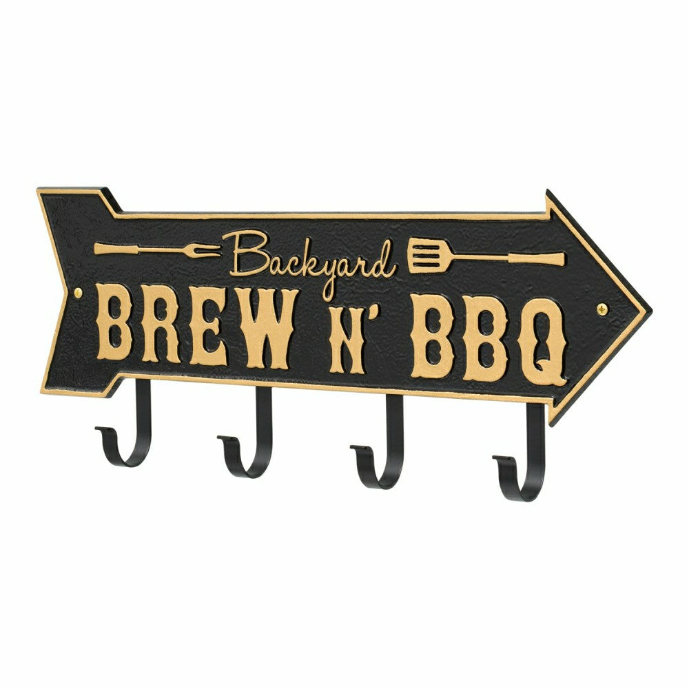 Backyard Brew N' BBQ Arrow Hook Plaque, Antique Brass | Plow & Hearth
