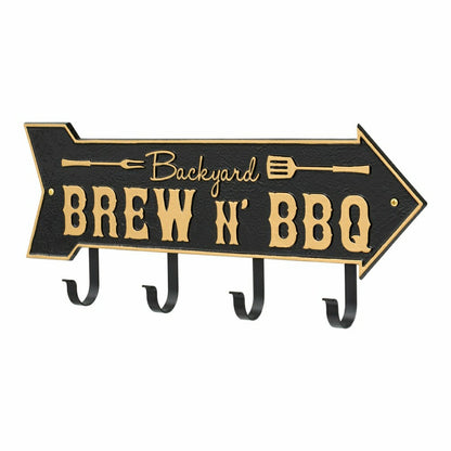 Backyard Brew N' BBQ Arrow Hook Plaque, Antique Brass | Plow & Hearth