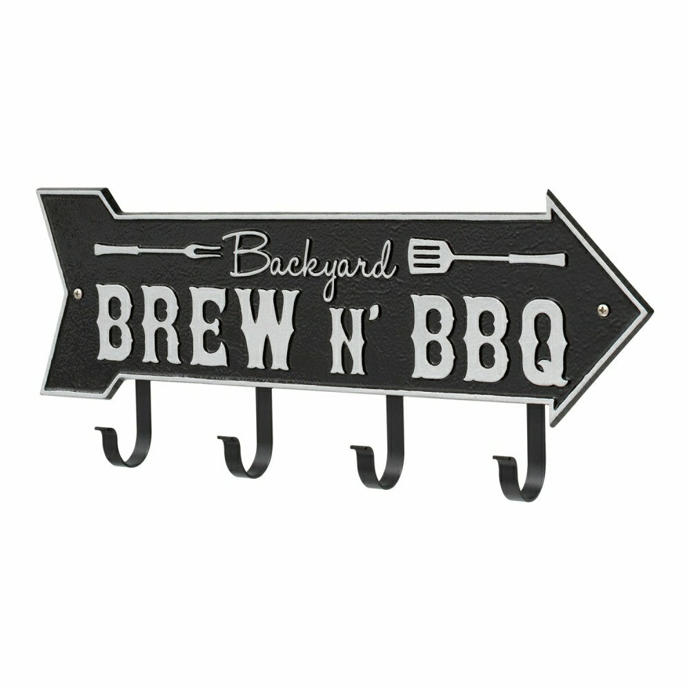 Backyard Brew N' BBQ Arrow Hook Plaque, Antique Brass | Plow & Hearth