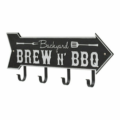 Backyard Brew N' BBQ Arrow Hook Plaque, Antique Brass | Plow & Hearth