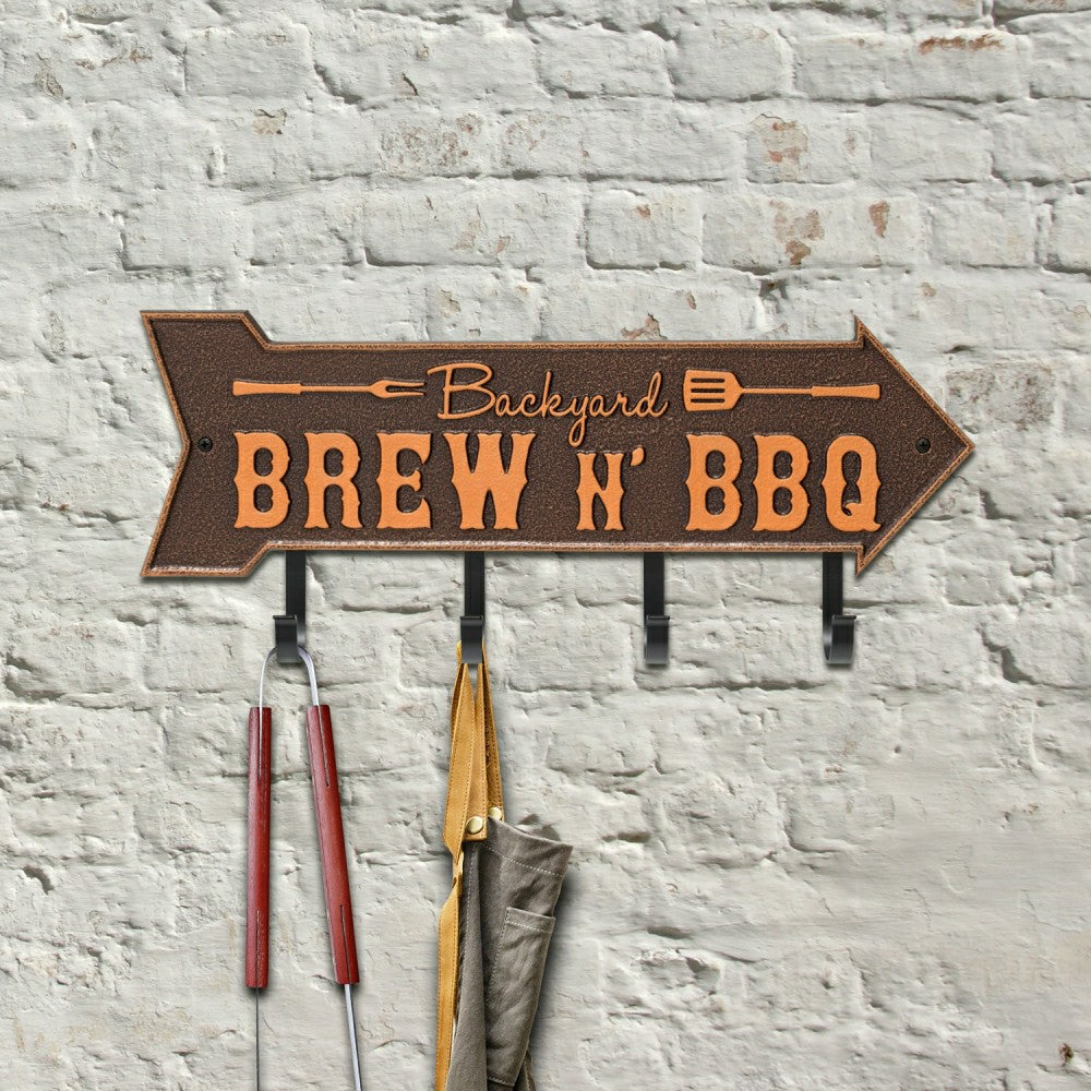 Backyard Brew N' BBQ Arrow Hook Plaque, Antique Brass | Plow & Hearth