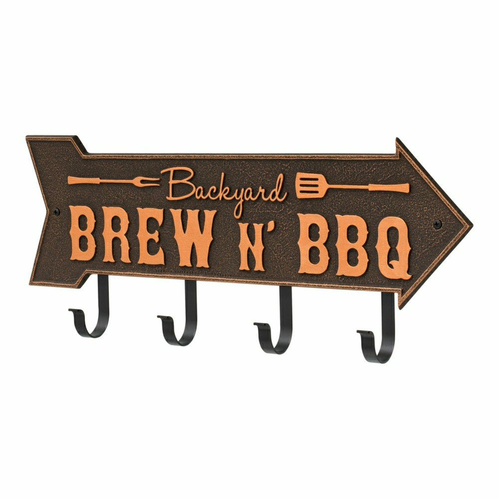 Backyard Brew N' BBQ Arrow Hook Plaque, Antique Brass | Plow & Hearth