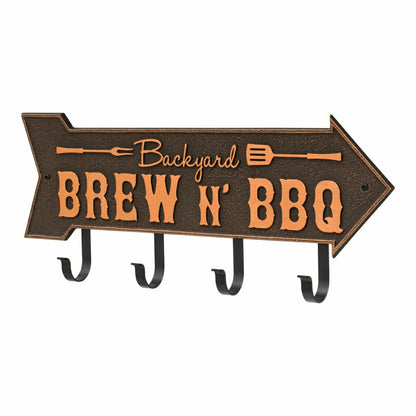 Backyard Brew N' BBQ Arrow Hook Plaque, Antique Brass | Plow & Hearth