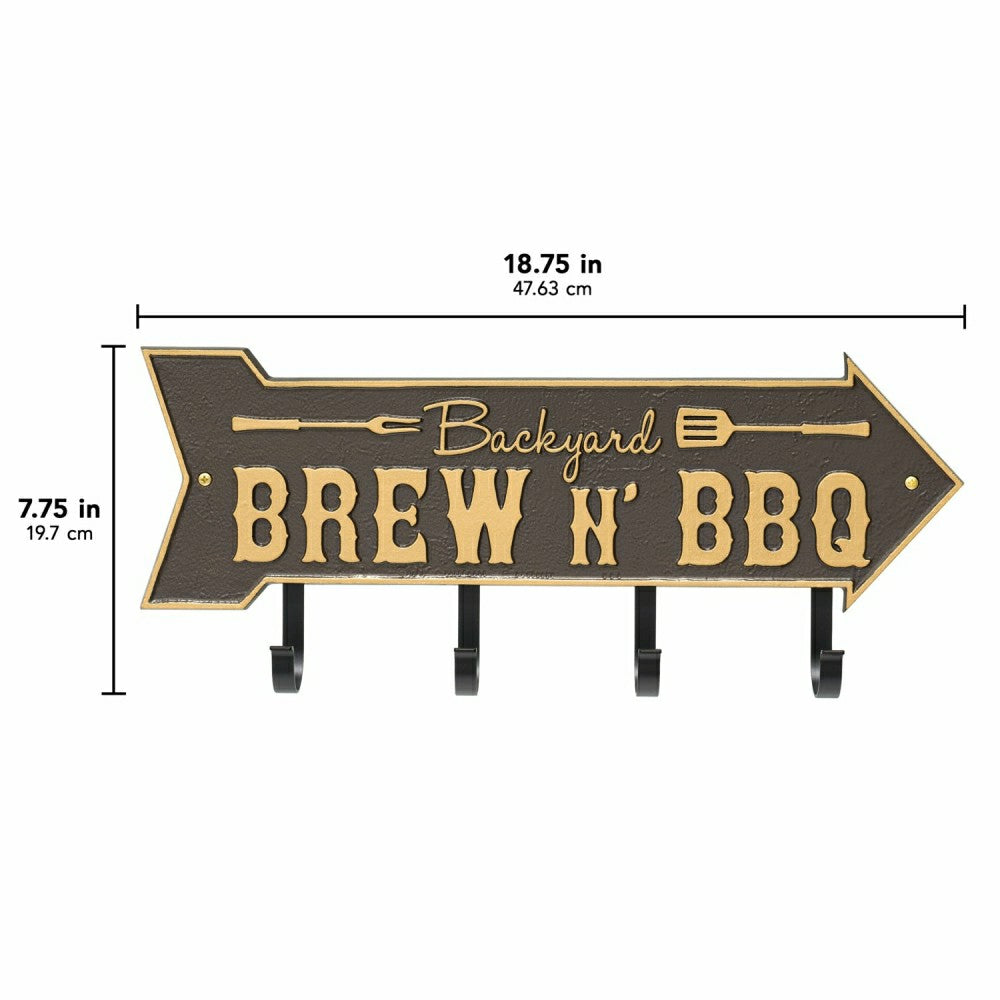 Backyard Brew N' BBQ Arrow Hook Plaque, Antique Brass | Plow & Hearth