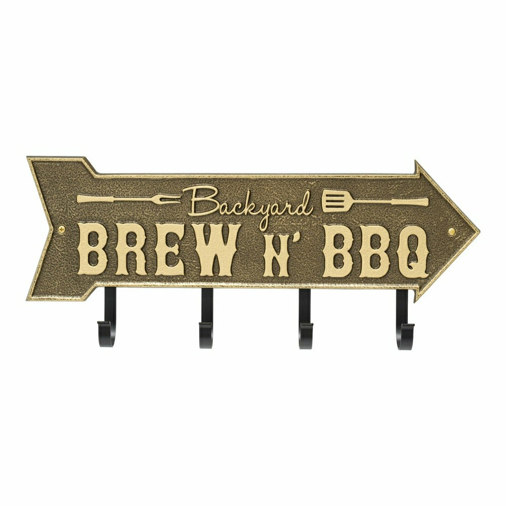 Backyard Brew N' BBQ Arrow Hook Plaque, Antique Brass | Plow & Hearth