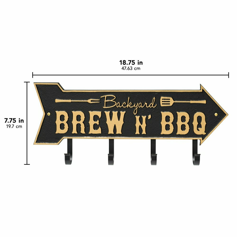 Backyard Brew N' BBQ Arrow Hook Plaque, Antique Brass | Plow & Hearth