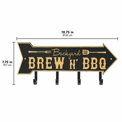Backyard Brew N' BBQ Arrow Hook Plaque, Antique Brass | Plow & Hearth
