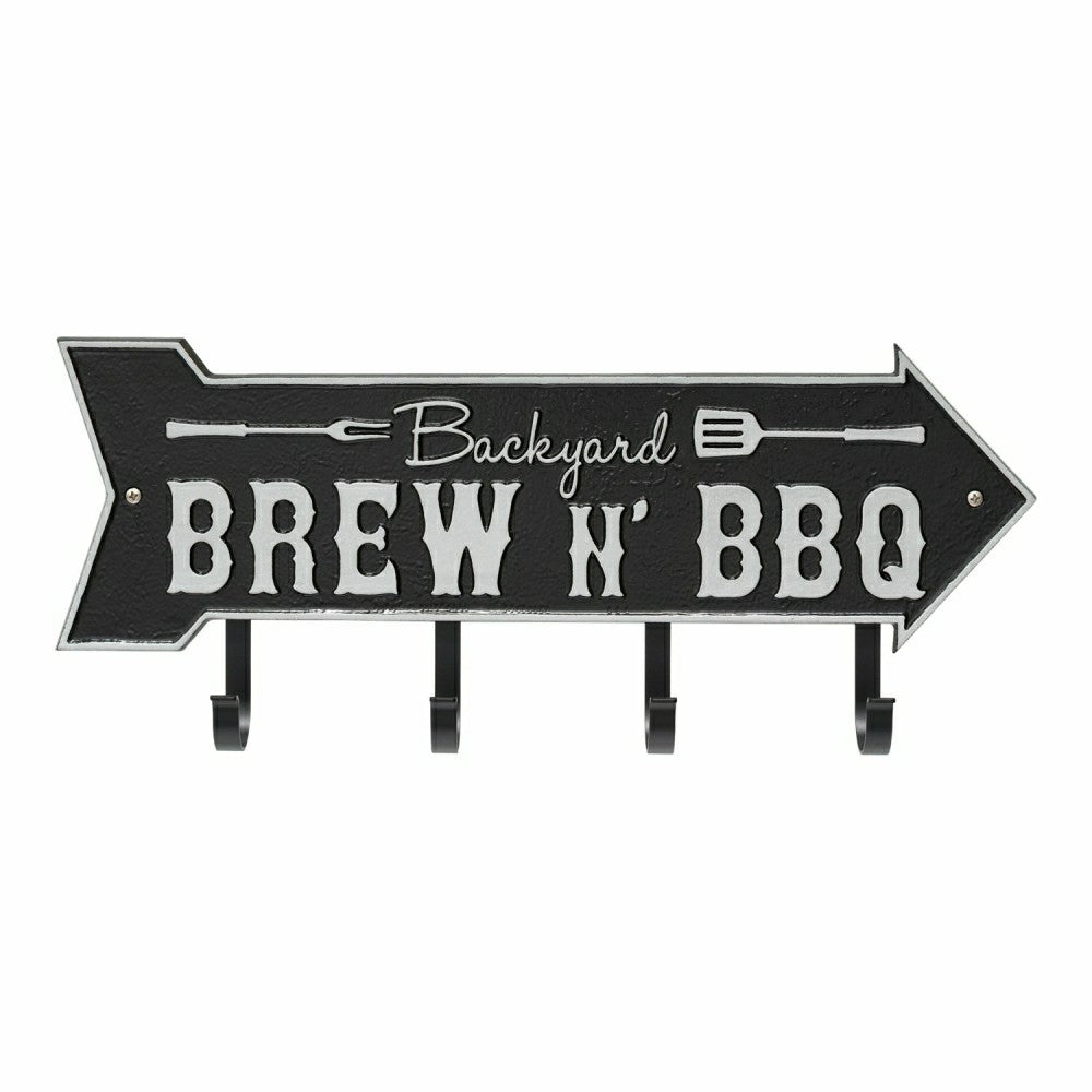 Backyard Brew N' BBQ Arrow Hook Plaque, Antique Brass | Plow & Hearth