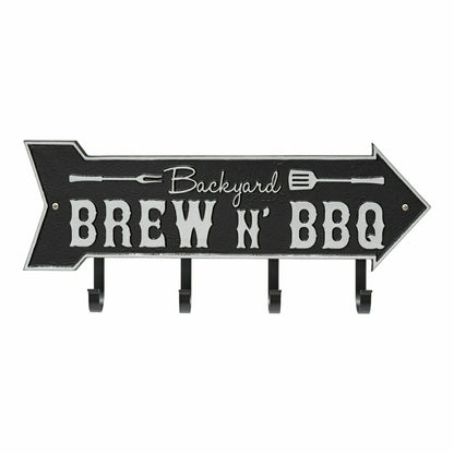 Backyard Brew N' BBQ Arrow Hook Plaque, Antique Brass | Plow & Hearth