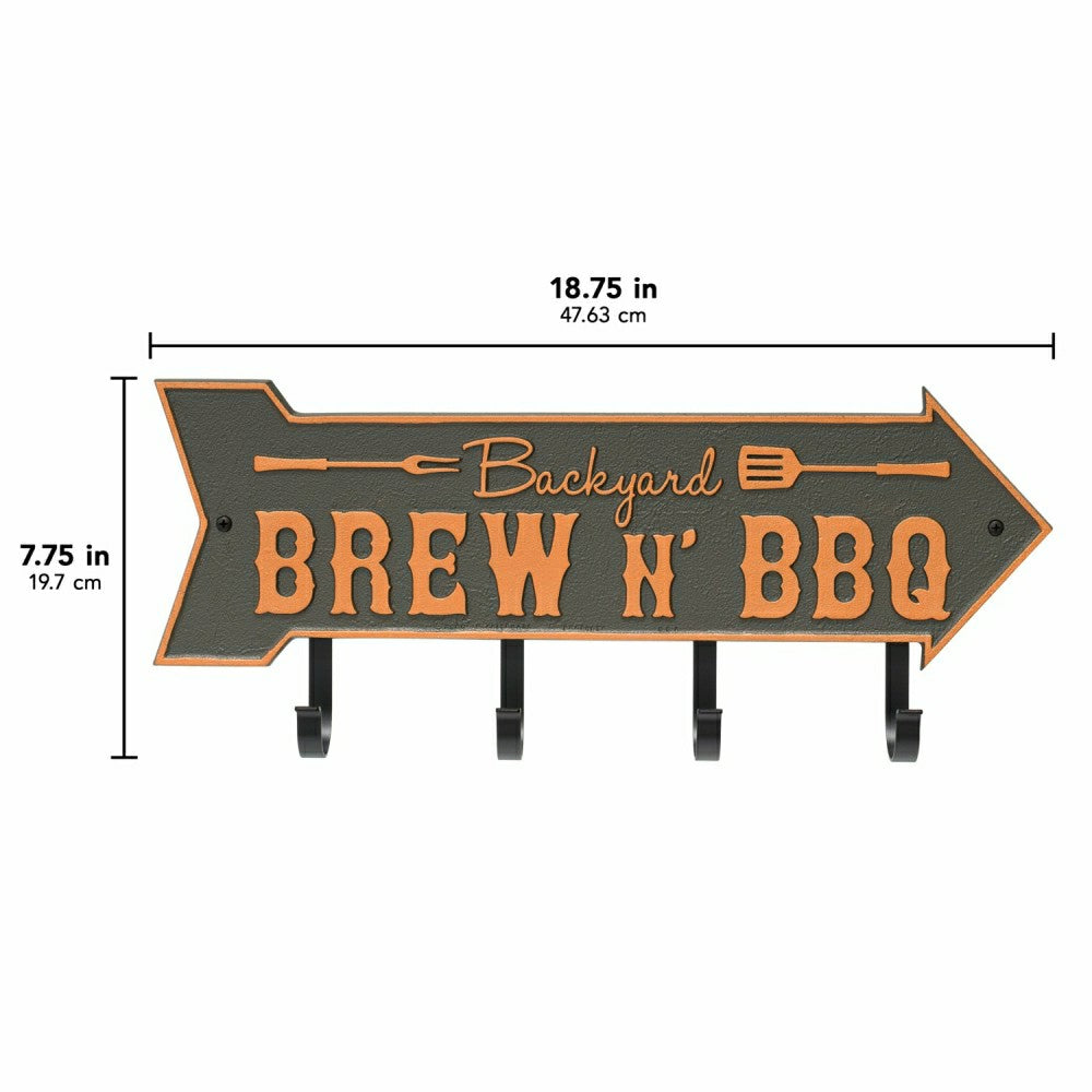 Backyard Brew N' BBQ Arrow Hook Plaque, Antique Brass | Plow & Hearth