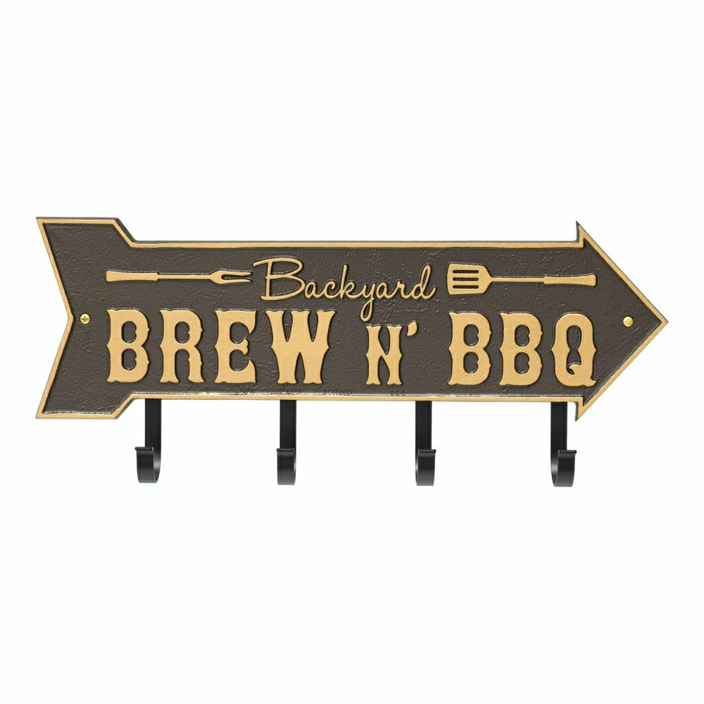 Backyard Brew N' BBQ Arrow Hook Plaque, Antique Brass | Plow & Hearth