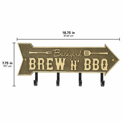 Backyard Brew N' BBQ Arrow Hook Plaque, Antique Brass | Plow & Hearth
