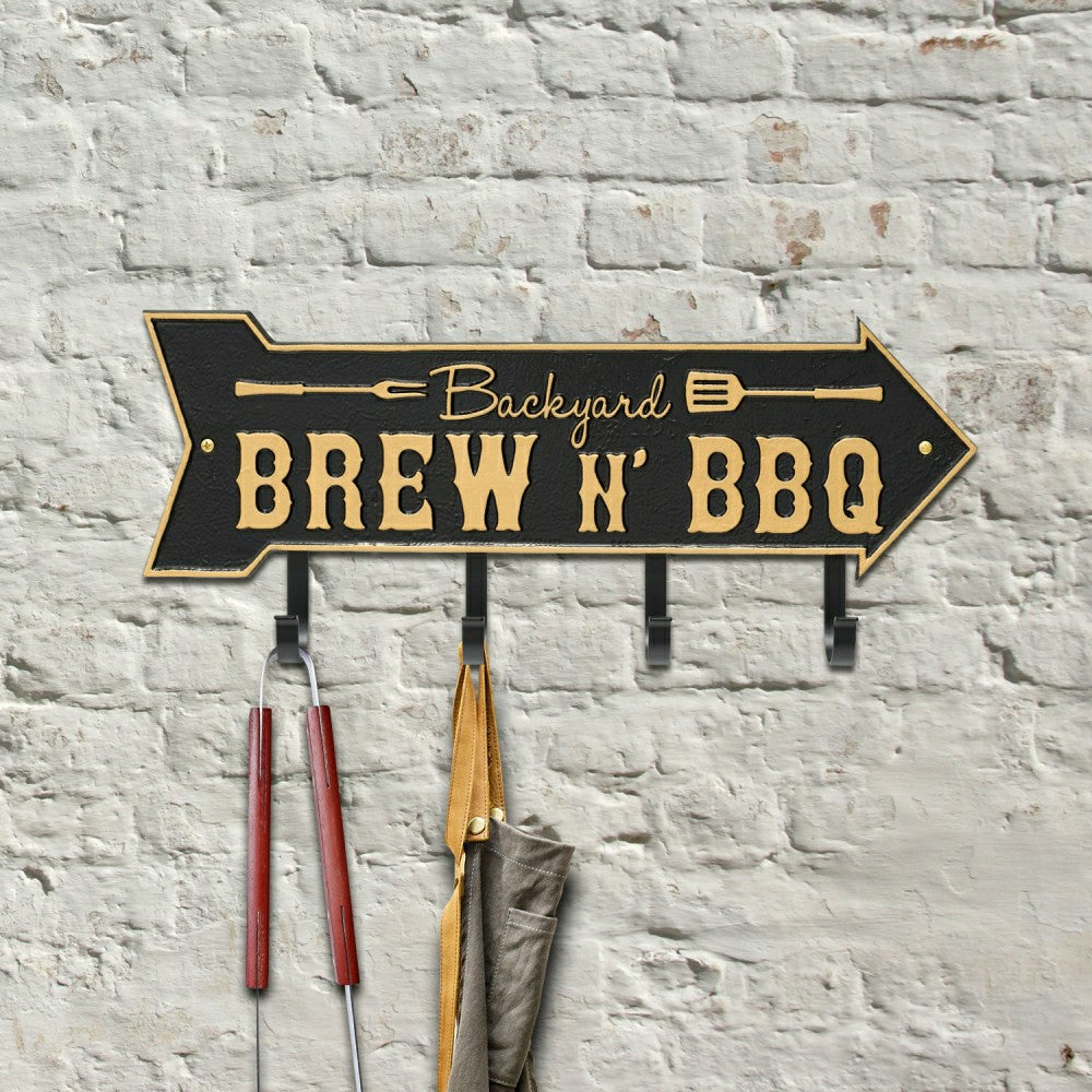 Backyard Brew N' BBQ Arrow Hook Plaque, Antique Brass | Plow & Hearth