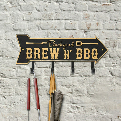 Backyard Brew N' BBQ Arrow Hook Plaque, Antique Brass | Plow & Hearth
