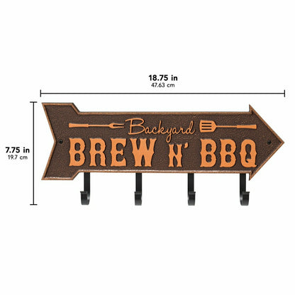 Backyard Brew N' BBQ Arrow Hook Plaque, Antique Brass | Plow & Hearth
