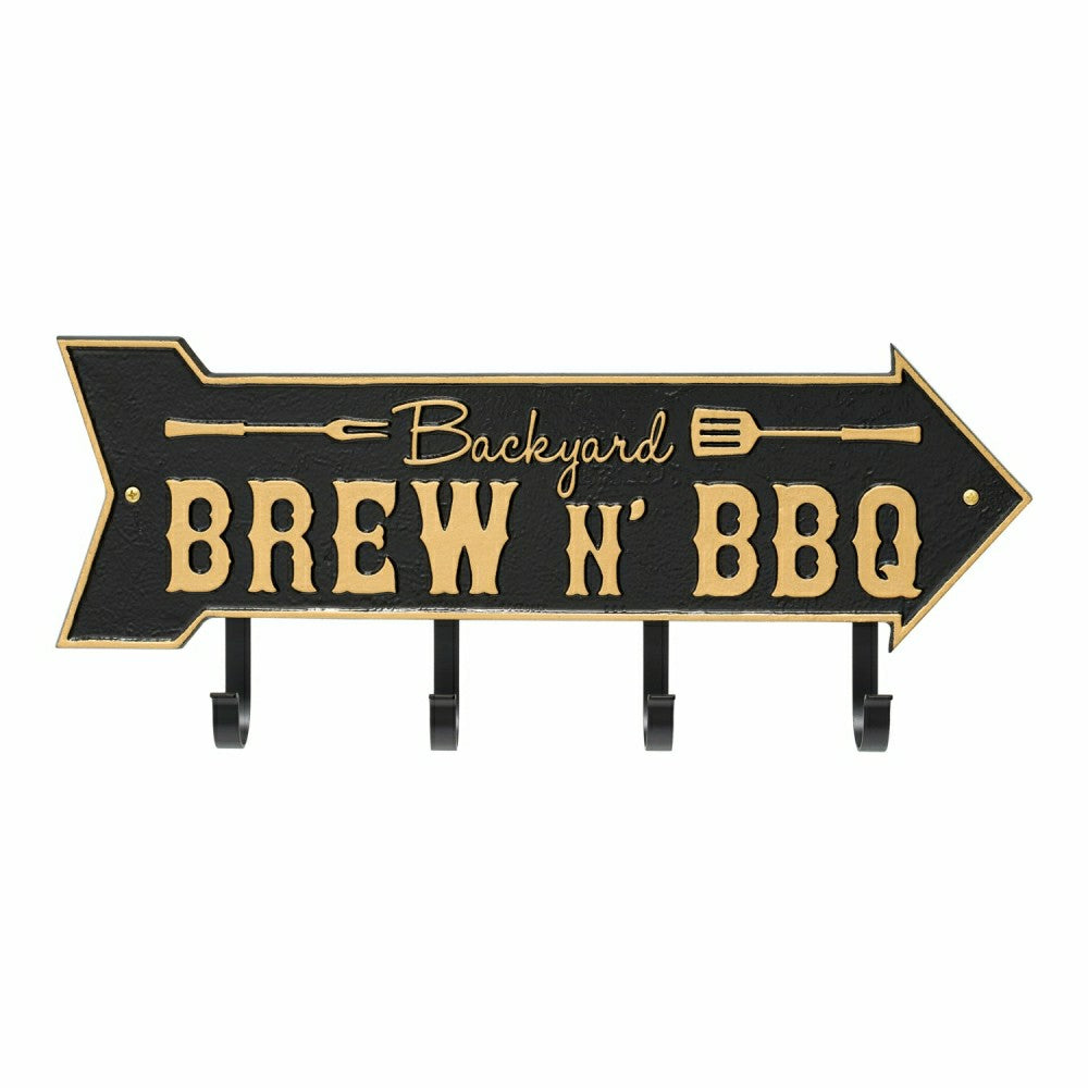 Backyard Brew N' BBQ Arrow Hook Plaque, Antique Brass | Plow & Hearth
