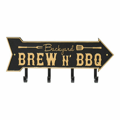 Backyard Brew N' BBQ Arrow Hook Plaque, Antique Brass | Plow & Hearth