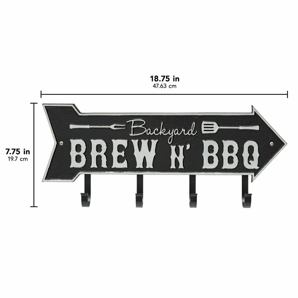 Backyard Brew N' BBQ Arrow Hook Plaque, Antique Brass | Plow & Hearth