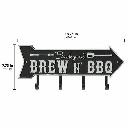 Backyard Brew N' BBQ Arrow Hook Plaque, Antique Brass | Plow & Hearth