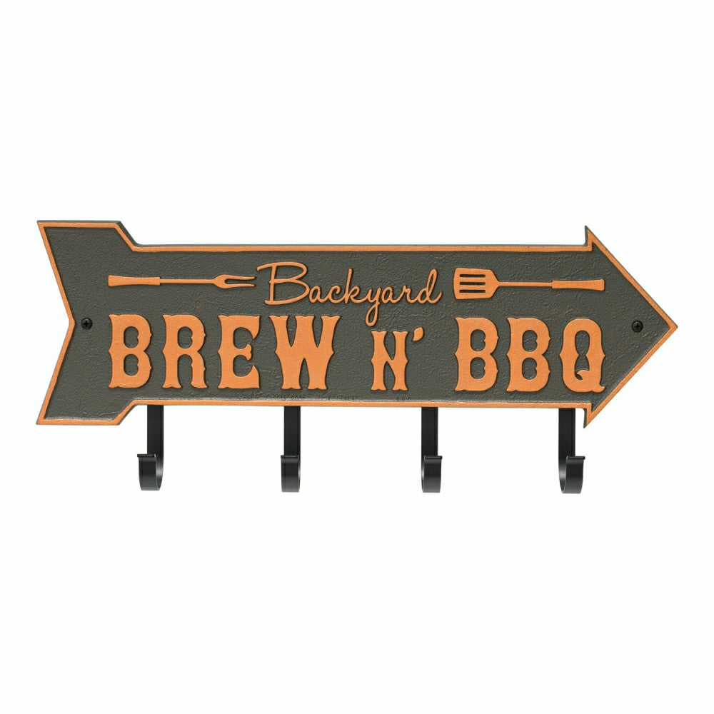 Backyard Brew N' BBQ Arrow Hook Plaque, Antique Brass | Plow & Hearth
