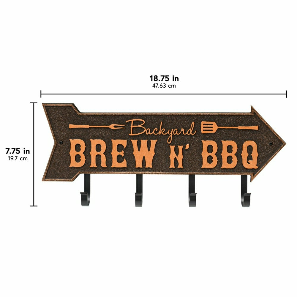 Backyard Brew N' BBQ Arrow Hook Plaque, Antique Brass | Plow & Hearth
