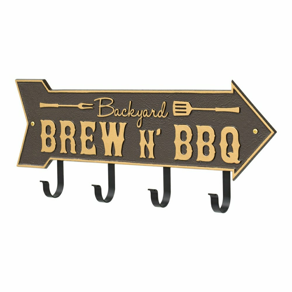 Backyard Brew N' BBQ Arrow Hook Plaque, Antique Brass | Plow & Hearth